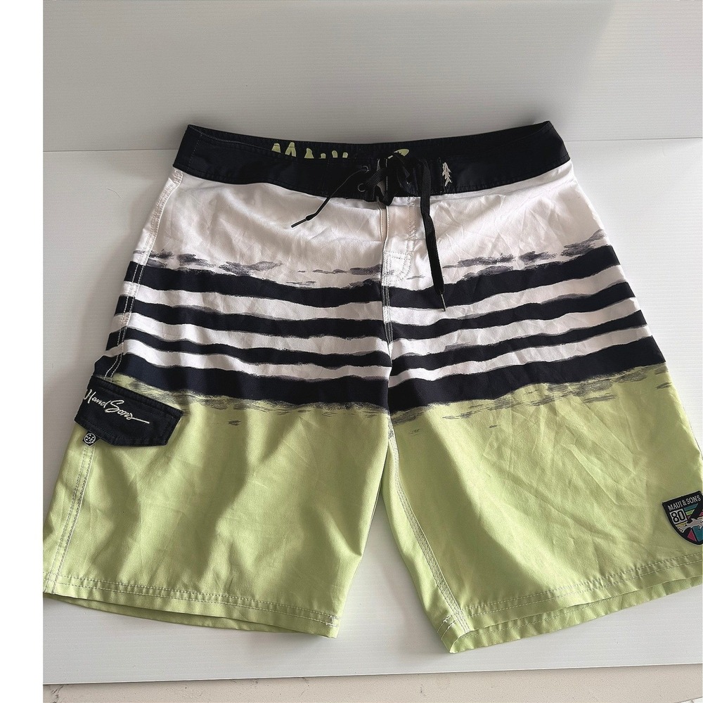 Maui and Sons Mens Board‎ Shorts Size 38 Lime Green Black Striped Swim Trunks XL